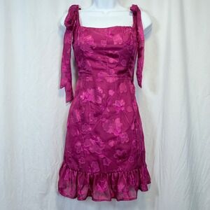 Lulus Mini Dress Floral Embroidered Tie Shoulder Magenta Pink Ruffle Hem Size L
